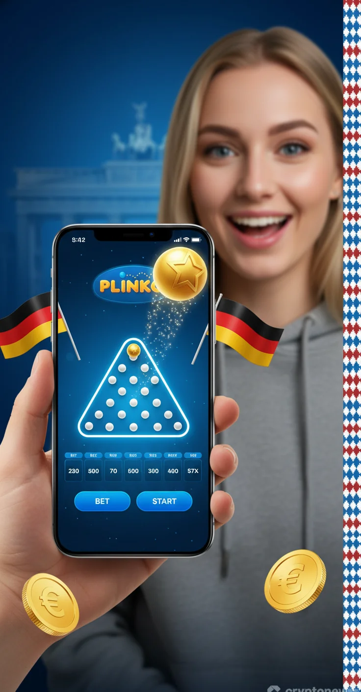 Plinko-Spieloberflaeche mit Stiftfeld, fallender Kugel, Multiplikator-Faechern und Einsatzpanel